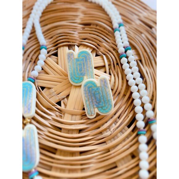 Vintage 80s Necklace/Earring Set Ceramic White Turquoise Happy Fun Accessories - Picture 3 of 9